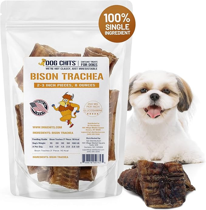 Dog Chits Bison Trachea Dog Treats - 100% Single Ingredient, High Protein, Lower Fat - Glucosamine for Joint Support - Dental-Clean Crunch - Gentler on Digestion Than Beef - 2-3 inch, 8 oz