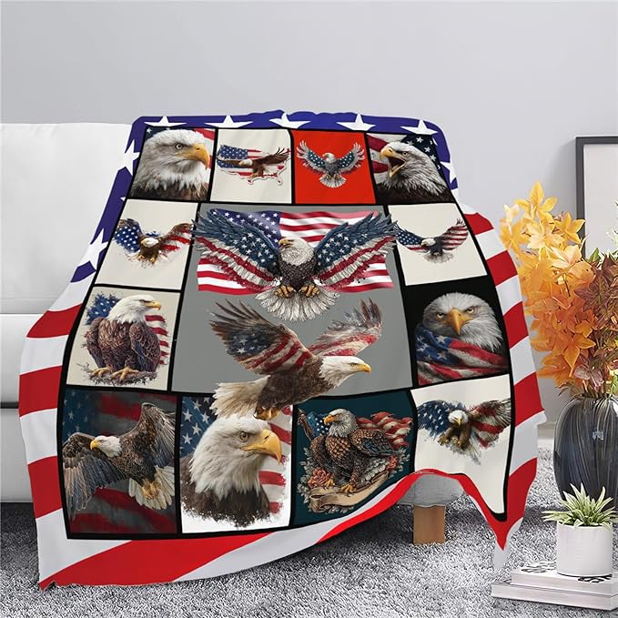 Eagle Throw Blanket American Flag Bald Eagle Stuff Gifts for Kids Girls Boys Adults Women Men Soft Cozy Warm Plush Fluffy Fuzzy Fleece Blanket Decor 60''X80''
