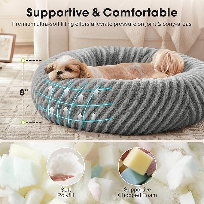 MIXJOY Dog Beds for Small Dogs, Washable Dog Bed with Removable Cover, Small Cat Bed for Indoor Cats, Calming Soft Dount Pet Beds with Anti Slip Bottom, Cute Puppy Beds, 23"x23"x8", Grey