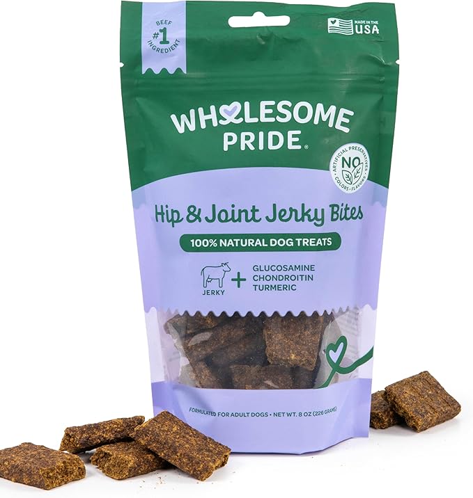 Wholesome Pride Functional Dog Hip & Joint Support Beef Jerky Bites, USA Made Mobility Dog Treats - 8 oz