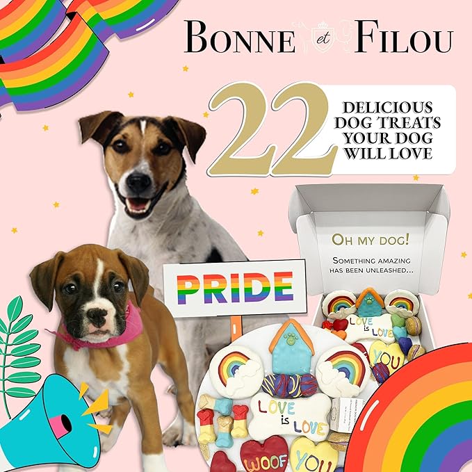 Bonne et Filou Dog Treats Gift Box Pride Themed Human Grade Gourmet 22 Luxury Treats with Dog Macarons, Truffles & Bone Cookies Healthy Snacksfor Small to Large Breeds (22 Count)