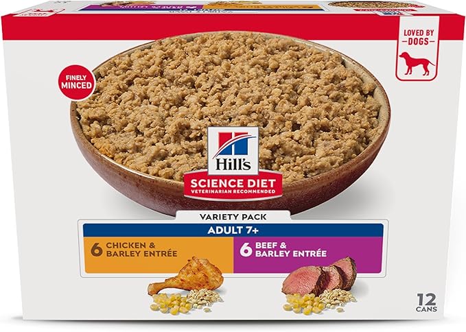 Hill's Science Diet Adult 7+, Senior Adult 7+ Premium Nutrition, Wet Dog Food, Variety Pack: Chicken & Barley; Beef & Barley Loaf, 13 oz Can Variety Pack, Case of 12