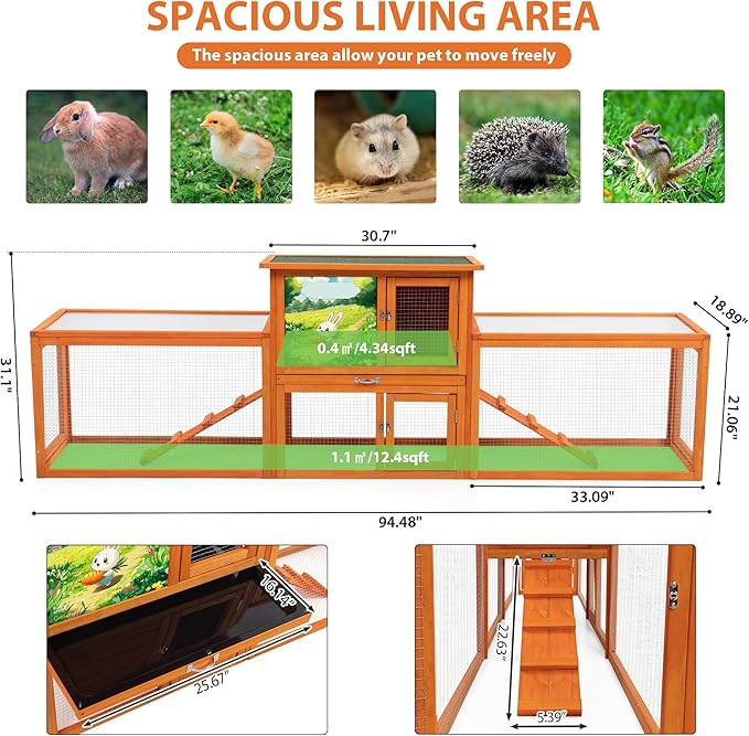 Outdoor Rabbit Hutch, 94" L x 19" W x 31" H Extra Large Bunny Hutch by COZIWOW, Wooden Rabbit Cage Indoor for Small Animals with Removable Tray & Weatherproof Roof, Orange