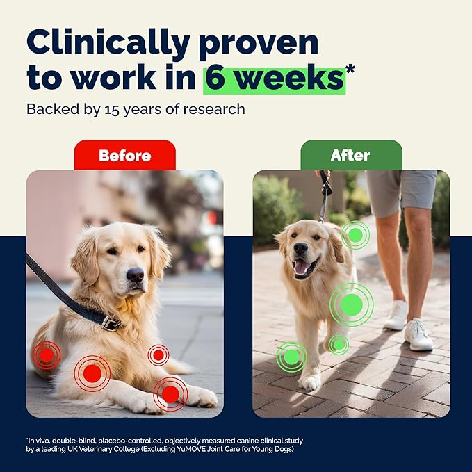 YuMOVE Hip & Joint Supplement for Dogs with Glucosamine, Hyaluronic Acid, Green Lipped Mussel & Omega 3 Joint Supplement - Regular or Advanced Strength (120 Count, Chewable Tablets)