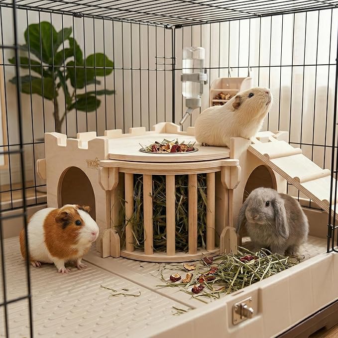 Large Guinea Pig Castle, Natural Wood Rabbit House with Ladder and Hay Feeder, Small Animal Hideout for Rabbit, Guinea Pig, Chinchilla, Hedgehog