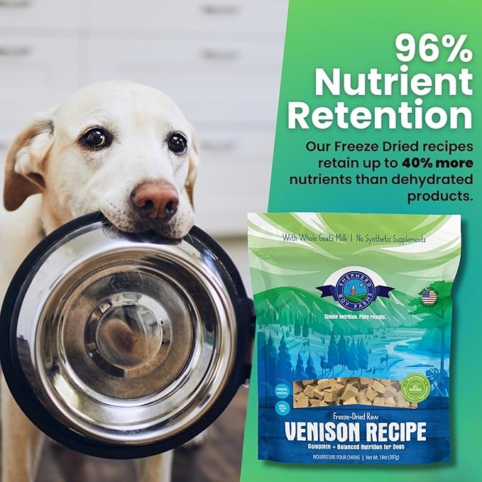 Shepherd Boy Farms Freeze Dried Raw Dog Food, Venison Recipe, All Natural, No Synthetics, Made in USA with Goat's Milk & Organic Produce, High Protein, Complete Meal (14oz)