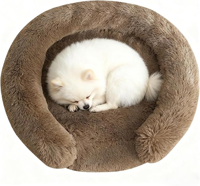 Calming Dog & Cat Beds for Small Medium Dogs Cats, Anti-Anxiety Pet Bed Orthopedic Donut Cushion, Soft Fluffy Faux Fur Warming Cozy Washable, Fits up to 15 lbs Pets (Round, Coffee 20")