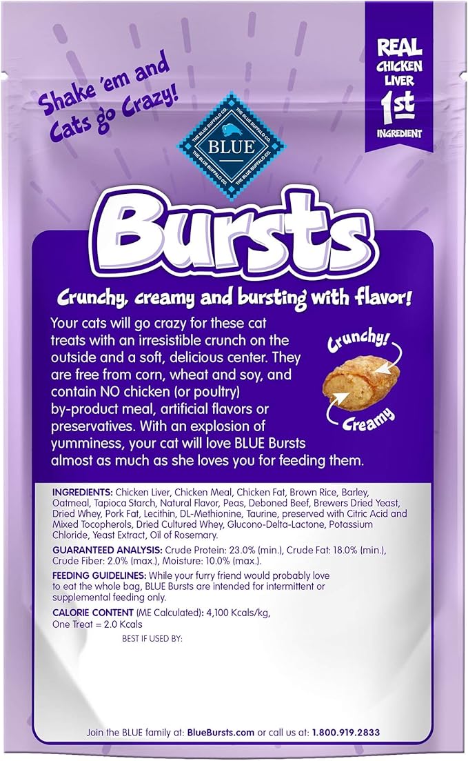 Blue Buffalo Bursts Crunchy Cat Treats, Chicken Liver and Beef 2-oz Bag (6 Pack)
