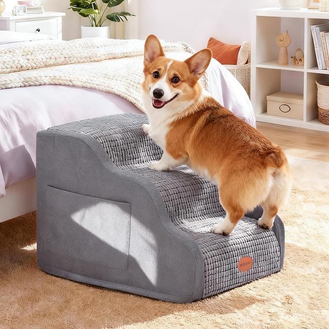 Woochpet 15.7”H Ramp Dog Stairs for Small Dogs, Side Armrest 3 Tier Wider Curved Pet Stairs for Couch and Beds，High-Density Foam Indoor Dog Steps with Non-Slip Bottom and Washable Cover for Old Cats