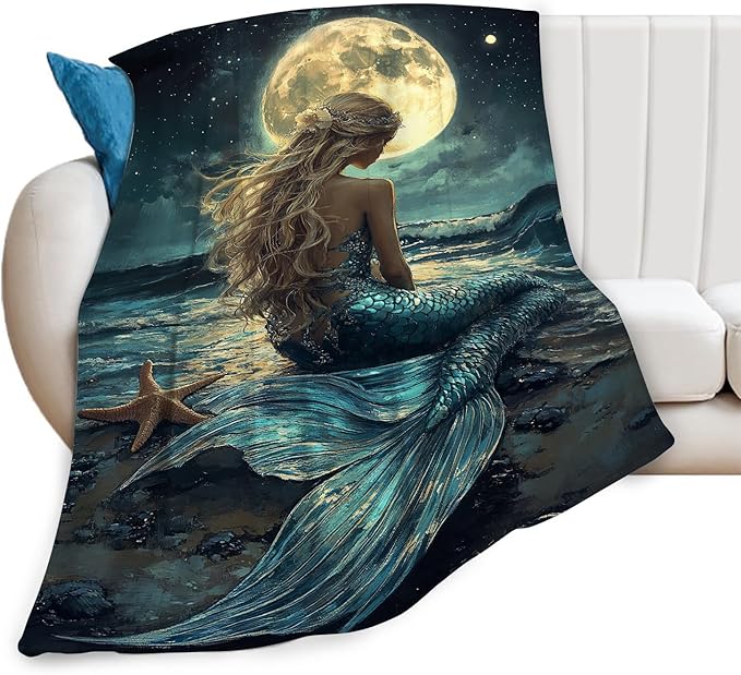 Mermaid Throw Blanket Beach Moon Night Mermaid Stuff Gifts for Kids Girls Boys Adults Women Men Soft Cozy Warm Plush Fluffy Fuzzy Fleece Blanket Decor 40''X50''
