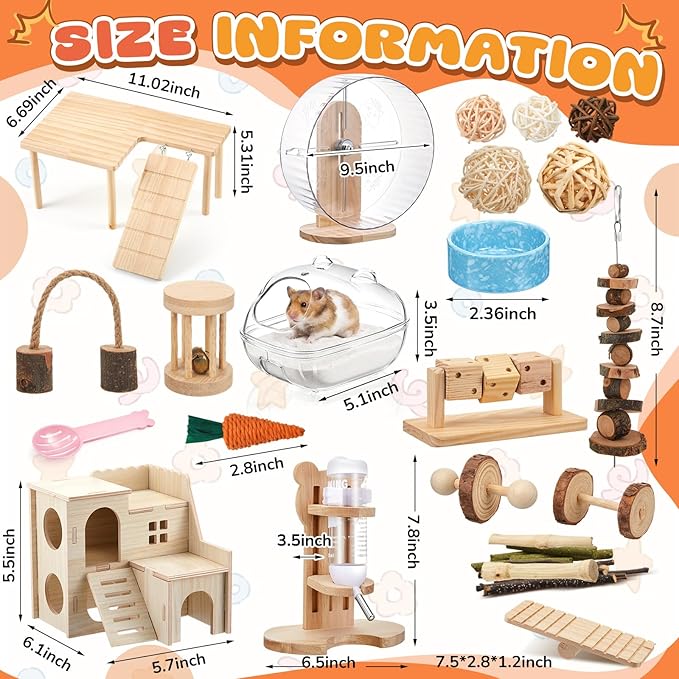 40 Pcs Hamster Cage Accessories, 9.5'' Exercise Wheel, Wood Platform Hideout House, Water Bottle, Sand Bath, Bowl, Chew Toys for Syrian Hamsters Mice Gerbils Habitat Decor(Interactive Style)