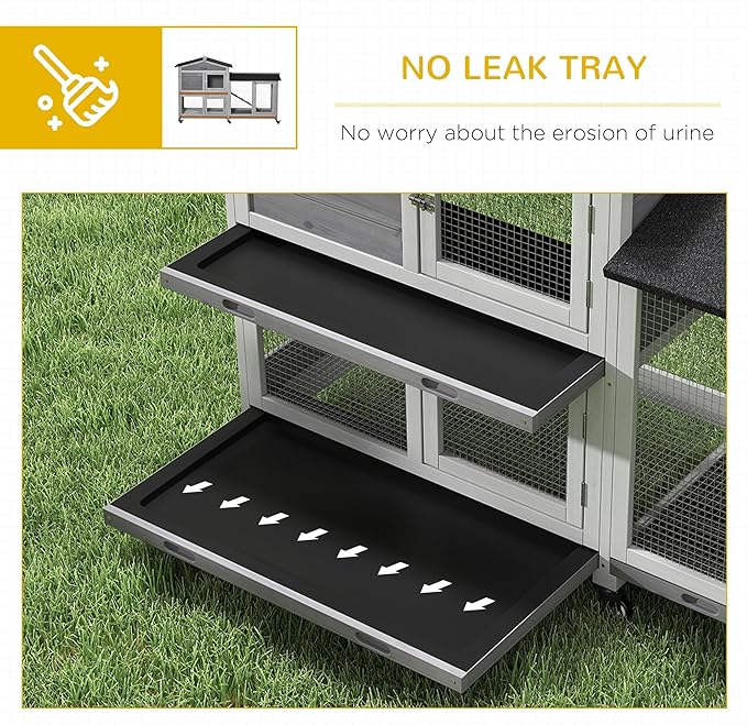 PawHut 62" Rabbit Hutch, Wooden Bunny Hutch, Guinea Pig Cage, Small Animal Enclosure with Wheels, Run Area, Removable Tray, Asphalt Roof, Lockable Doors and Ramp, for Rabbits, Chickens, Ducks, Gray