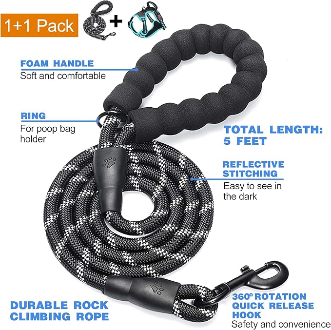No Pull Dog Harness Adjustable Reflective Oxford Easy Control Medium Large Dog Harness with A Free Heavy Duty 5ft Dog Leash