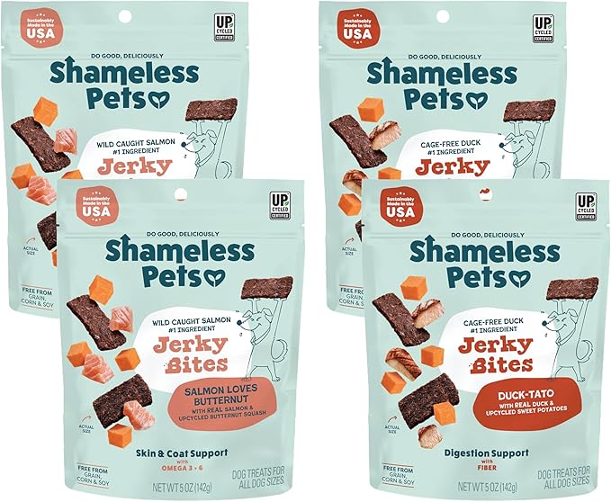 Shameless Pets Jerky Dog Treats, Variety 4-Pack – Healthy Chews with Salmon & Duck – Natural Dog Treats with Real Ingredients – Grain, Corn & Soy Free