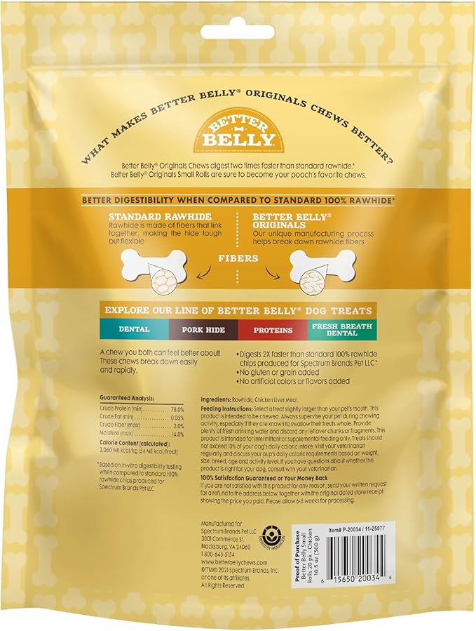 Better Belly Chicken Liver Small Rawhide Rolls, 320-Count (1 CASE OF 16 PACKS OF 20 INDIVIDUAL ROLLS)