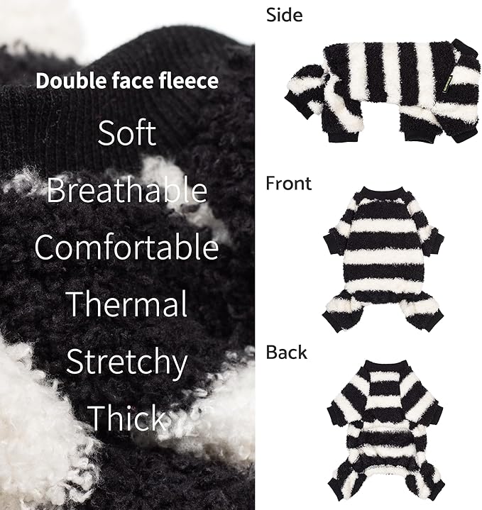 Fitwarm Fuzzy Striped Dog Pajamas, Winter Clothes for Small Dogs Girl Boy, Fleece Dog Onesie, Soft Pet PJS, Doggy Apparel, Black, White, XS