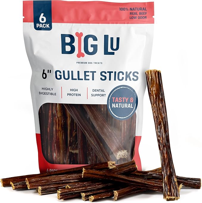 Big Lu - 6-Inch Beef Jerky Sticks for Dogs, 6 Count, All-Natural Beef Gullet, Grass-Fed Jerky Chews, Fully Digestible, High-Protein Treats with Glucosamine and Chondroitin for Joint Health