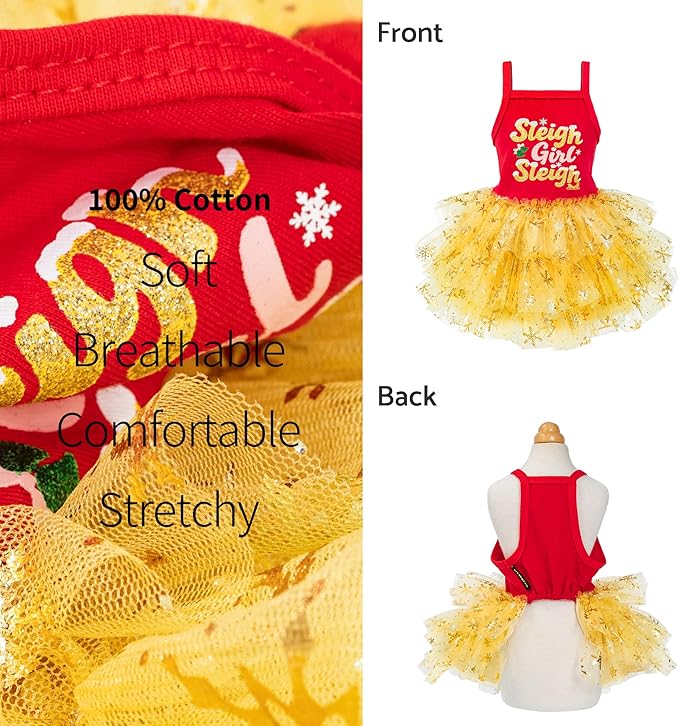 Fitwarm Sleigh Girl Sleigh Dog Tutu Dress, Fancy Christmas Clothes for Small Dogs Girl, Funny Holiday Pet Outfit, Red, Golden Yellow, XXS