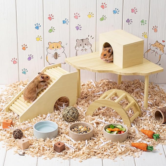 BreezeHug 4 Pcs Hamster Platform Hideout Wooden Tunnel Ladder Playhouse Hamster Game Climbing Toy with Platform Cage Accessories for Small Pets Dwarf Syrian Mice Degus Gerbils Squirrel(Log Cabin)