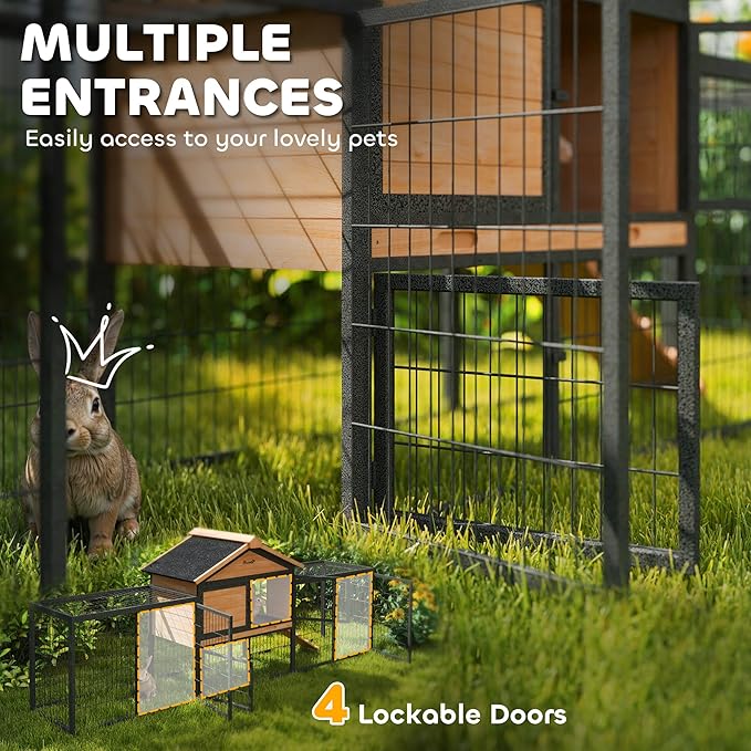 PawHut Rabbit Hutch Outdoor, 85" Large Wooden Bunny Cage with Steel Run, Removable Tray, Waterproof Roof, Ramp, Metal Guinea Pig Cage for 2-3 Small Animals, Rabbits, Chickens, Ducks, Backyard Garden