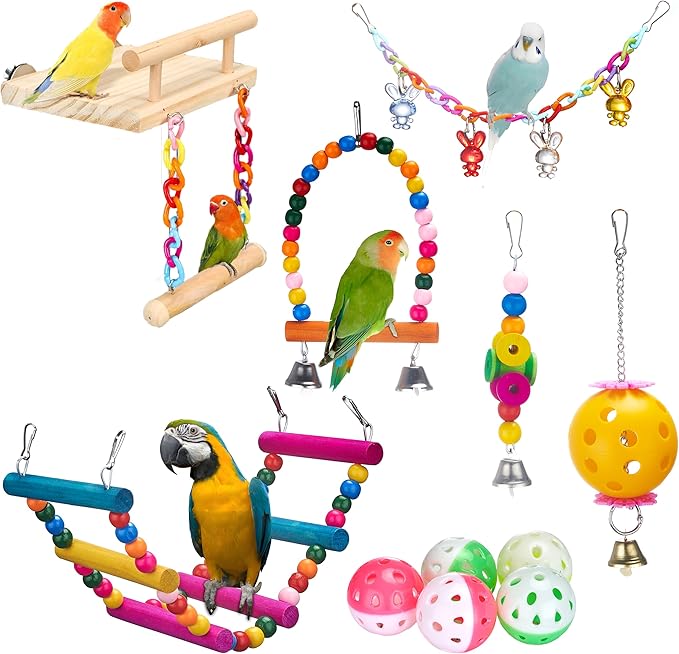 FrgKbTm 11Pcs Bird Platform Stands Swing Hanging Chewing Toy Parrot Climbing Ladder Colorful Bird Cage Toys for Parakeet, Conure, Cockatiel, Love Birds, Finches