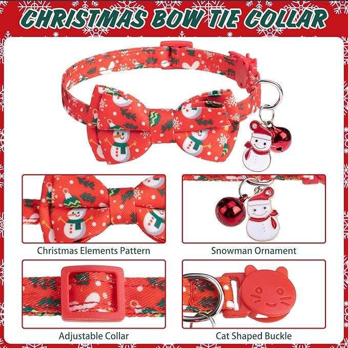 EXPAWLORER Christmas Cat Collar Breakaway with Removable Bowtie and Bandana, Adjustable Holiday Cute Kitten Collar with Bell, Ideal Festival Xmas Decoration Gift for Girl Boy Cats Puppies, 2 Pack
