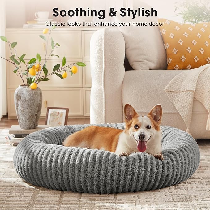 MIXJOY Dog Beds Large Sized Dogs, Washable Dogs Bed with Removable Cover, Cozy Donut Dog Ded Fluffy Plush Faux Fur Pet Bed with Anti-Slip Bottom, 36"x36"x10", Grey