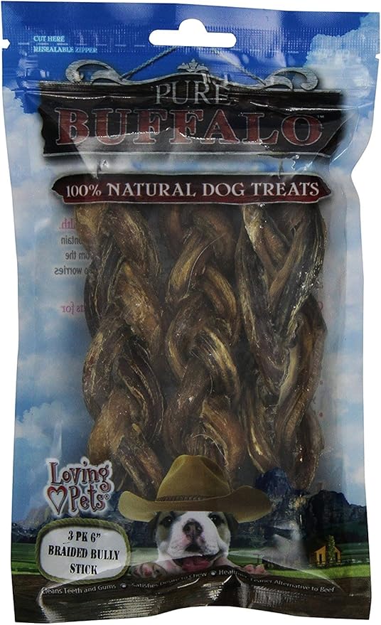 Loving Pets Pure Buffalo 6-Inch Braided Bully Stick Dog Treat, 3-Pack