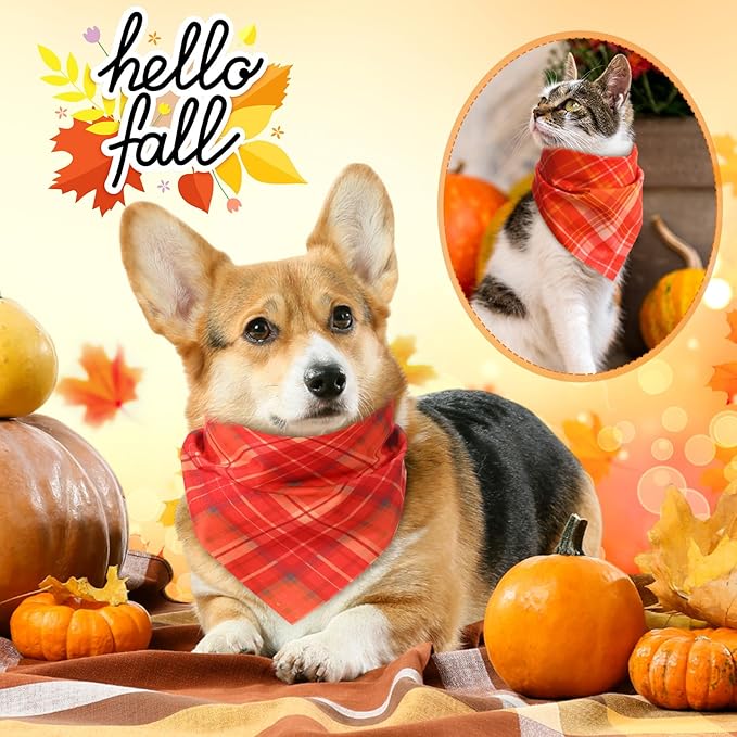 Shyyween 100 Pieces Thanksgiving Fall Dog Bandanas Bulk Plaid Bandanas for Dogs Autumn Soft Triangle Kerchief Bibs Adjustable Triangle Doggie for Small Medium Large Pets Party Costume