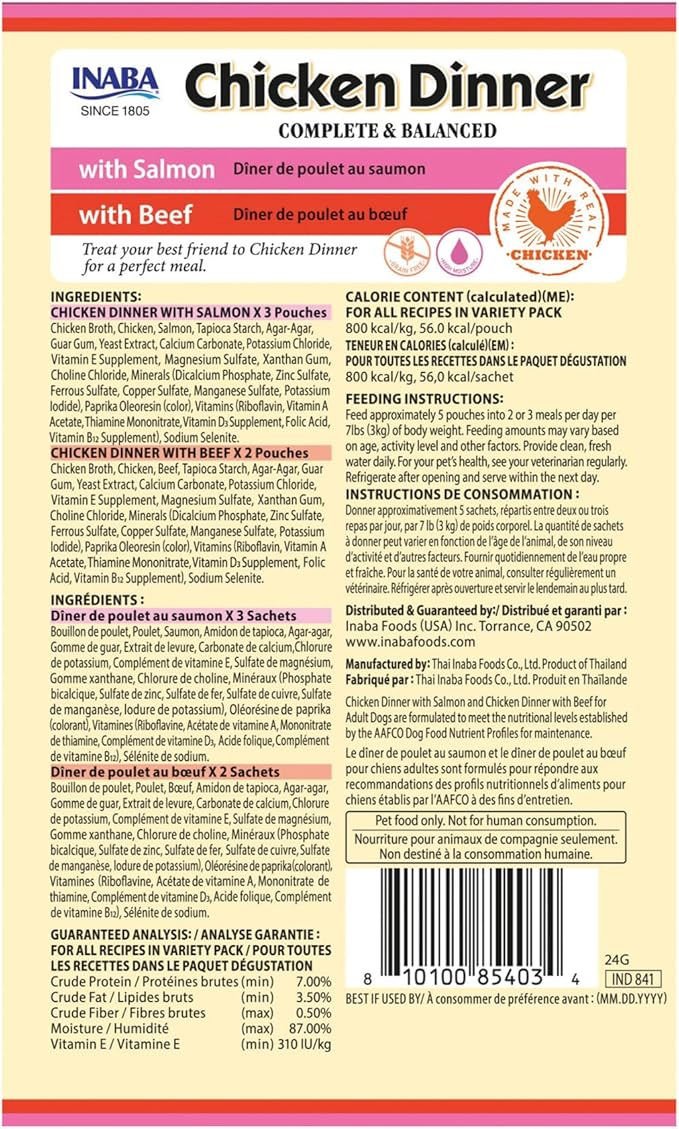 INABA Chicken Dinner for Dogs, Soft Pate Wet Dog Food, Complete & Balanced, 2.4 oz. Pouch, 15 Pouches, Salmon & Beef Variety
