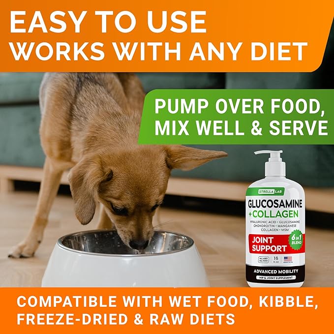 STRELLALAB Liquid Glucosamine for Dogs w/Collagen (16 OZ) - All-Natural Hip & Joint Supplement, Glucosamine Chondroitin for Dogs, MSM & Collagen Mobility, Joint Pain Relief for Small & Large