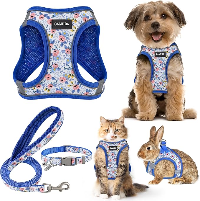 GAMUDA Small Dog Harness Collar and Leash Set, Step in No Chock No Pull Soft Mesh Adjustable Dog Vest Harnesses Plaid Reflective for Dogs Puppy Cats Kitten Rabbit (Blue Flower, L)