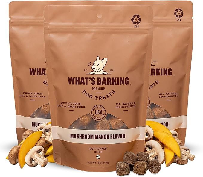 What’s Barking Soft Bites, Soft Chewy Dog Treats for Training or Snacking, Pet Essentials, Bite Size Pieces for Dogs, Natural Ingredients, Made in USA, Resealable Bag, Mushroom Mango Flavor, 6 oz, 3Pk