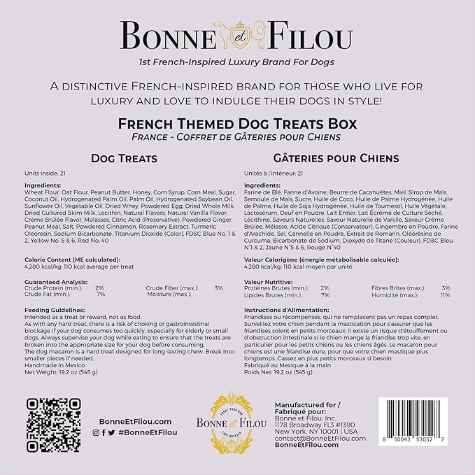 Bonne et Filou French Style Dog Treats, Gourmet Gift Box, 21 Luxury Macarons, Truffles & Bone Cookies, Healthy & Delicious Snacks for Medium to Large Dogs