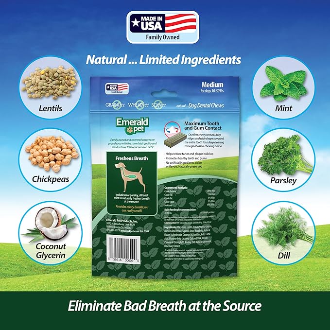 Emerald Pet Fresh Smileezz Grain Free Dog Dental Treats — Minty Fresh Breath and Clean Teeth for Medium Dog Breeds — Made in USA Medium, 12.5 Oz