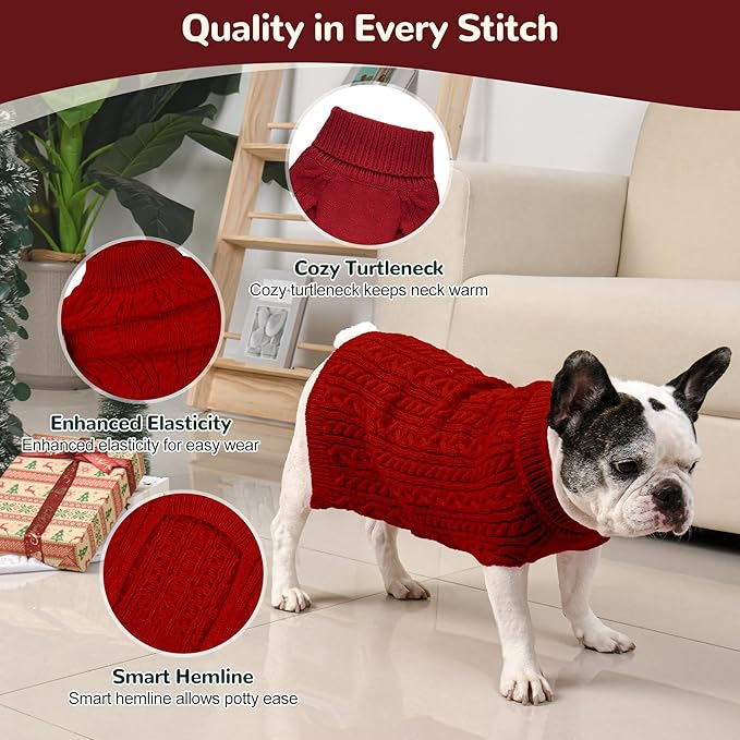 2 Pack Dog Sweaters for Medium Dogs Winter Turtleneck Pullover Cable Knit Fleece Stretch Frenchie Dachshund Pug Corgi Beagle Boy Girl Pet Clothes (M, Red & Green)