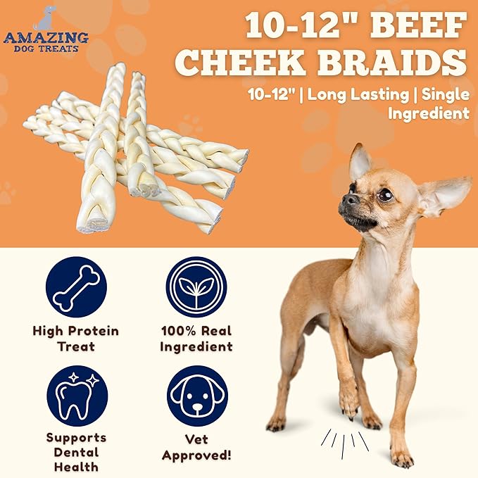 Amazing Dog Treats - Beef Cheek Braids Dog Chew (10-12 Inch - 25 Count) - NO Odor - Rawhide Alternative - Beef Cheek Slice Chip Sticks - No Dyes, Chemicals, or Preservatives