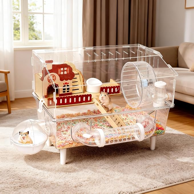 Large Hamster Cage 9 in 1 with All Accessories, 2-Layer Acrylic Hamster House with Full Transparent Viewing,Top Open Mouse Cage for Pet Mice,Hamster Habitat for Dwarf Hamster, Gerbils (Transparent)