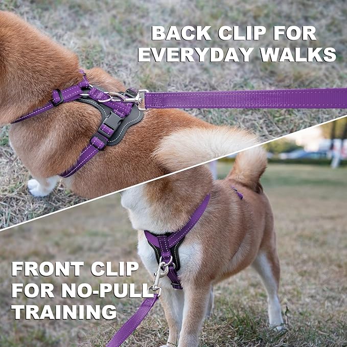 Plutus Pet Adjustable No Pull Dog Harness with Leather Accents, Heavy Duty Reflective Nylon Vest for Training, Hiking, Easy Walk Harness for Small, Medium, Large Dogs (Purple, L)