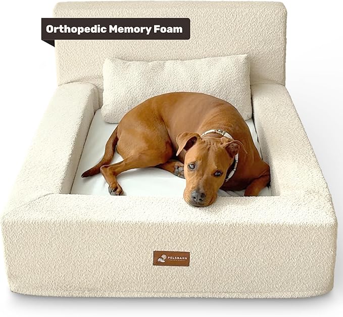 Pelsbarn Real Orthopedic Dog Bed, High-Density Memory Foam with Waterproof Fitted Sheets - Machine Washable, Large, Beige