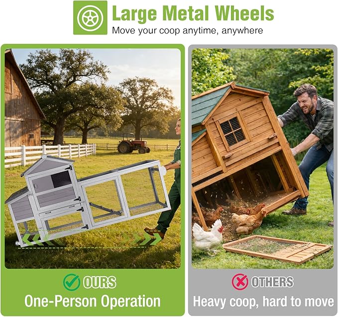 GUTINNEEN Mobile Chicken Coop with Wheels for 2-4 Chickens, Expandable Wooden Hen House with Divided Nesting Box, Reinforced Coop Balcony, Roosting Perch, Metal Pull-Out Tray, 82.4" L (Brown)