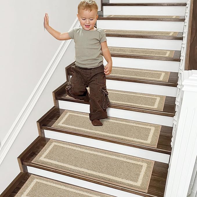 COSY HOMEER Soft Stair Treads 15pcs Non-Slip Carpet Mat 28inX9in Indoor Stair Runners for Wooden Steps,Stair Rugs for Kids and Dogs, 100% Polyester TPE Backing Beige