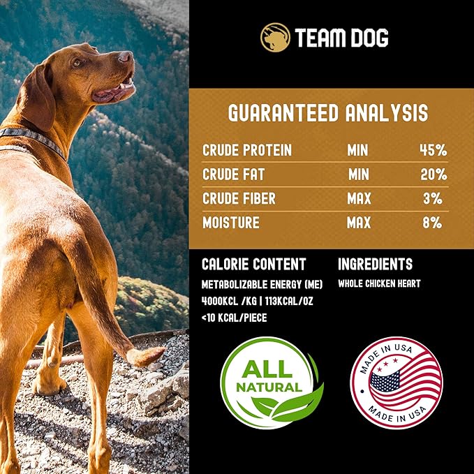 Team Dog Freeze Dried Chicken Hearts for Dogs, 4.5 Oz | Single Ingredient Dog Treat - Gluten-Free, Grain-Free | Healthy Premium, Butcher Cut Protein | High Value Training Treats | Made in The USA