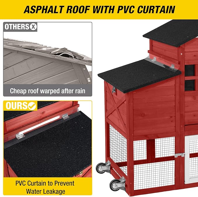 Aivituvin Chicken Coop Mobile Chicken House on Wheels Expandable Wooden Poultry Cage with Large Nesting Box Leakproof Pull-Out Tray Rabbit Hutch Bunny Cage,UV-Resistant Roof