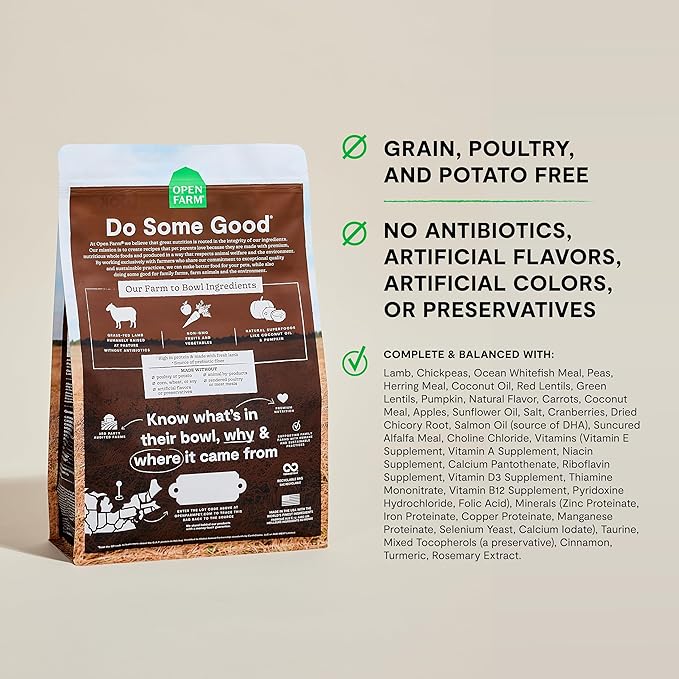Open Farm, Grain-Free Dry Dog Food, Complete & Balanced Kibble, Sustainably & Ethically Sourced Ingredients, Non-GMO Veggies & Superfoods Support Overall Health, Pasture Raised Lamb Recipe, 11lb Bag