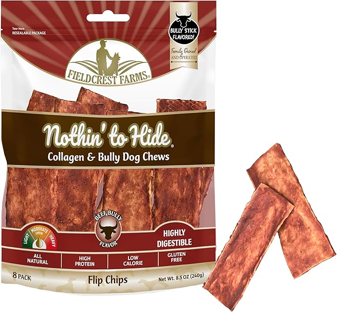 Fieldcrest Farms Nothin to Hide Flip Chips Dog Chews - Natural Rawhide Alternative Treats for Dogs, Collagen Based Snack for Moderate Chewers Up to 35lbs, Beef Bully Flavor -1 Pack (8 Chips)