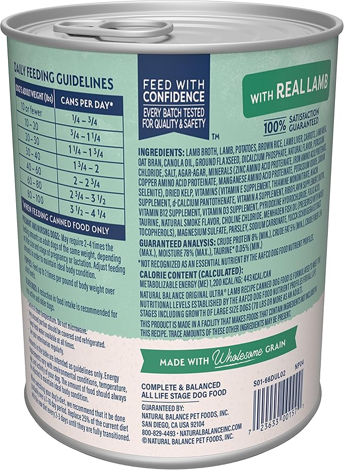 Natural Balance Original Ultra Adult Wet Dog Food, Lamb Recipe with Potatoes, Brown Rice & Carrots, 13 Ounce Can (Pack of 12)