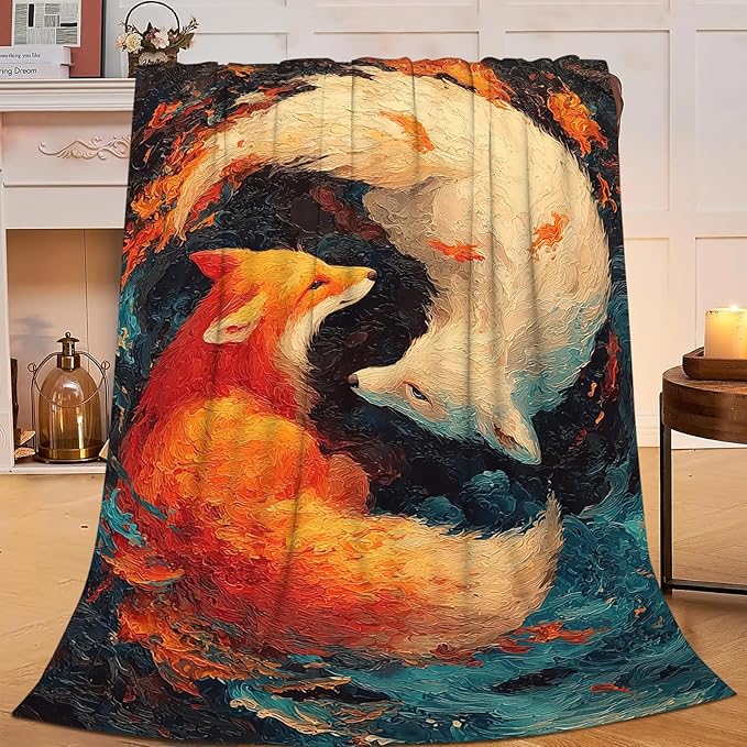 Fox Throw Blanket Orange and White Fox Stuff Gifts for Kids Girls Boys Adults Women Men Soft Cozy Warm Plush Fluffy Fuzzy Fleece Blanket Decor 60''X80''
