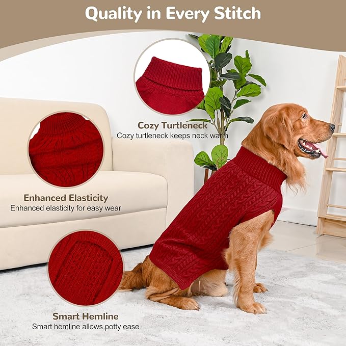 2 Pack Dog Sweaters for Large Dogs Winter Turtleneck Pullover Cable Knit Fleece Stretch Pitbull Labrador Golden Retriever Doberman Bulldog Boy Girl Pet Clothes (XXL, Red & Brown)