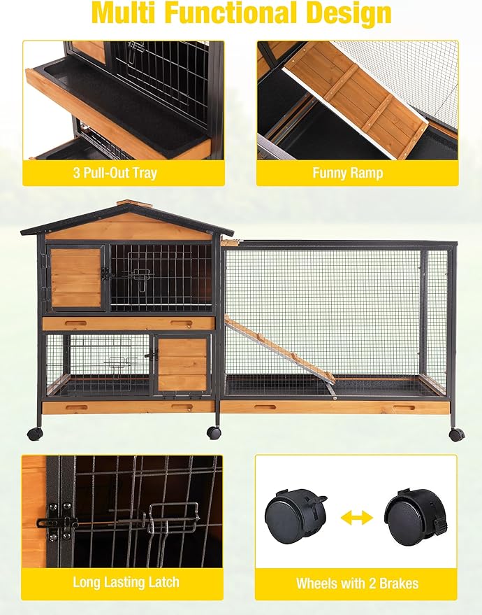 AIVITUVIN Rabbit Cage Indoor with Metal Frame Rabbit Hutch Waterproof Bunny Cage Oudoor with Pull Out Tray No Leakage Guinea Pig Cage